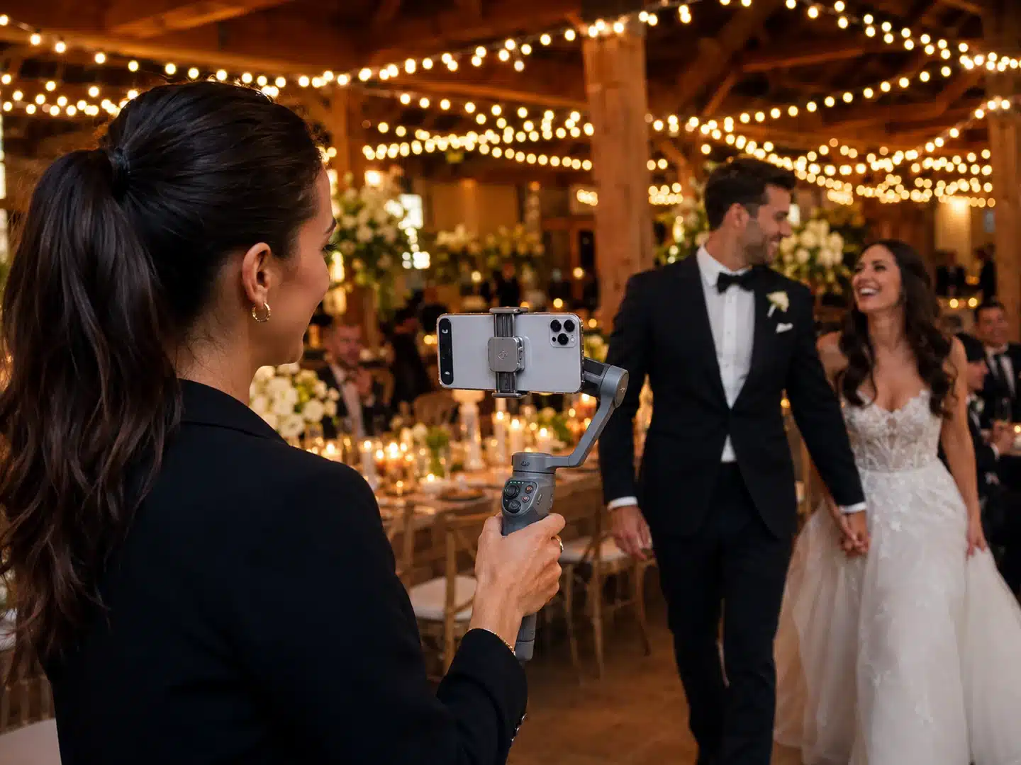 Wedding photographer records the newlyweds walking hand in hand at a warmly lit reception with string lights above.