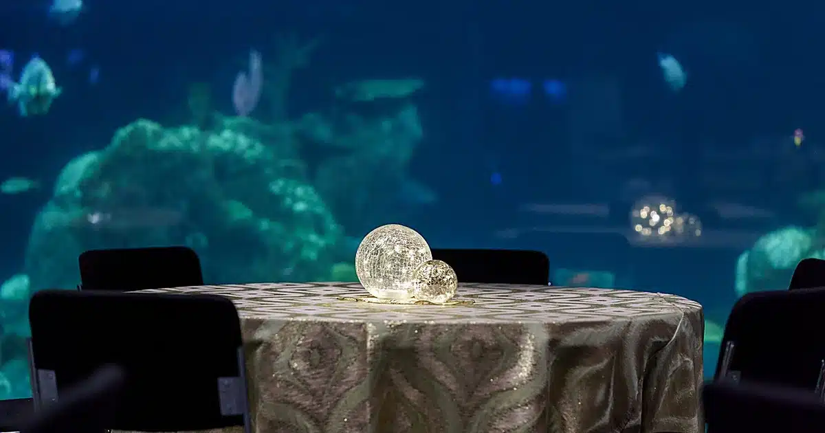 Round table with a glittering glass orb centerpiece against a blue aquarium backdrop.