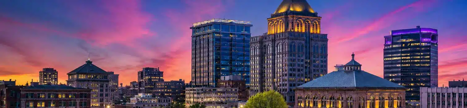 City skyline at sunset with modern glass towers and a domed historic building lit up, under a vivid pink, orange, and purple sky.